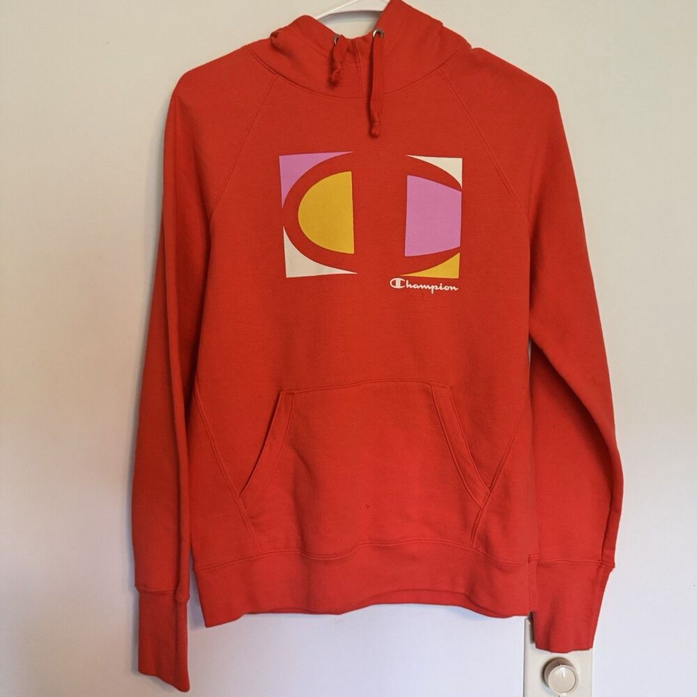 Champion Womens Hoodie Sweatshirt Orange Kangaroo Pocket‎ Pullover Logo Size XS